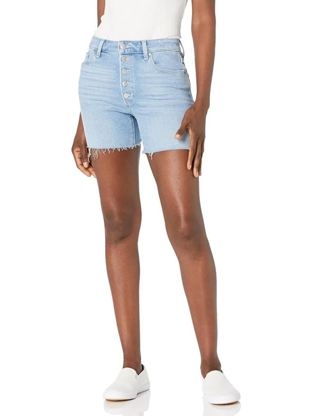 Paige Sarah Longline Short Exposed Button Fly Distressed Hem Light Wash Size 26